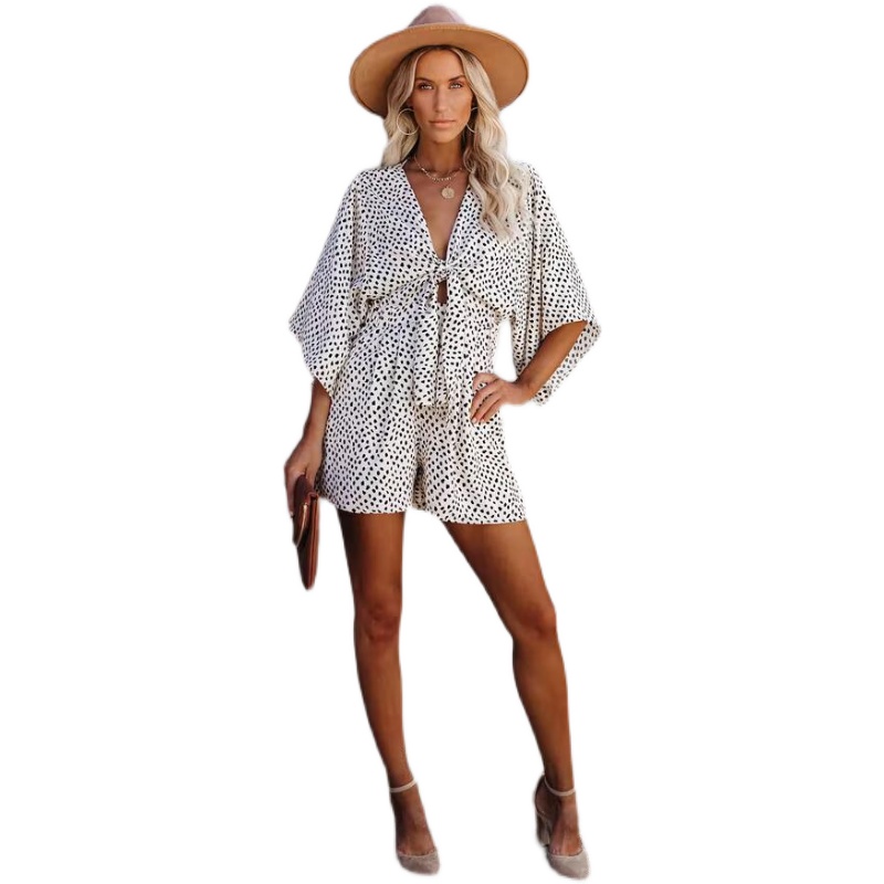 夏季深V领性感圆点印花系带镂空口袋五分袖连体短裤热裤Jumpsuits