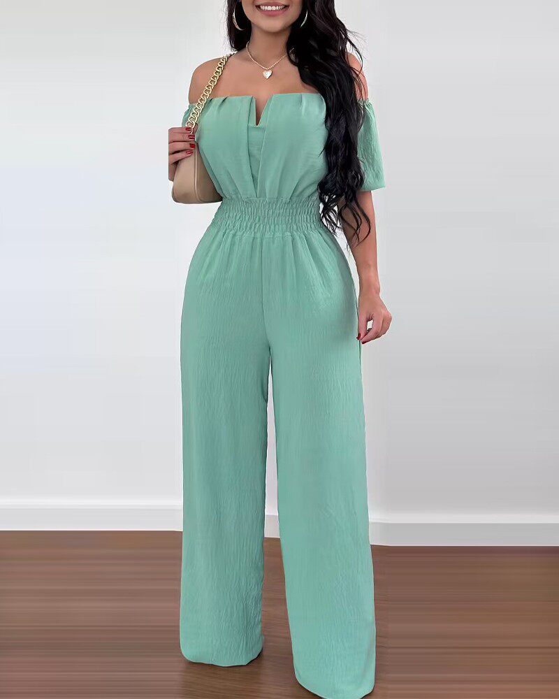 一字领收腰宽松直筒连体裤 Straight Neck Waist Loose Jumpsuit
