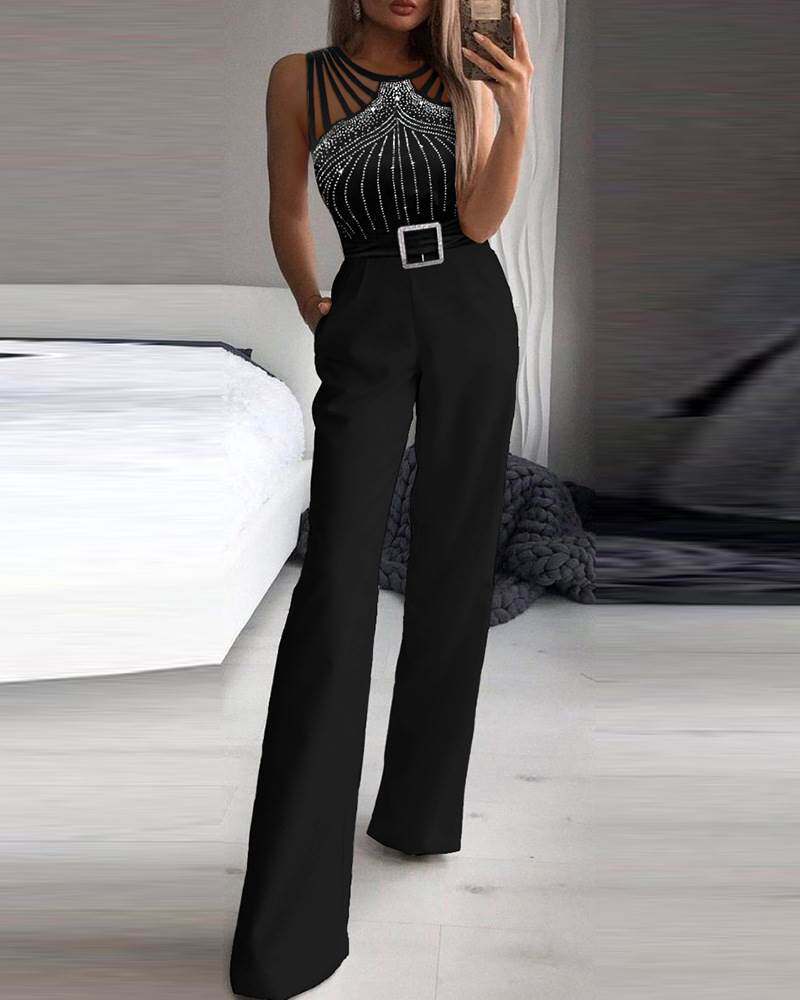 黑色烫钻性感绑带无袖收腰连体裤 Rhinestone Bootcut Jumpsuit