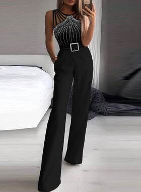 黑色烫钻性感绑带无袖收腰连体裤 Rhinestone Bootcut Jumpsuit
