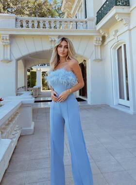 Women off shoulder sexy Jumpsuit时尚羽毛拼接直通连体裤欧美