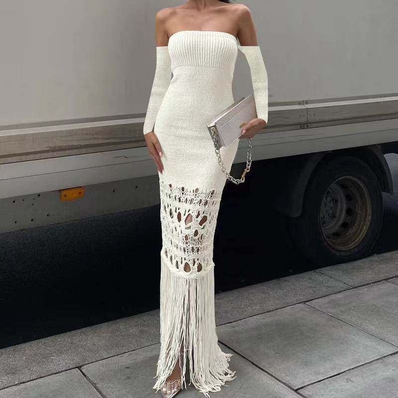 欧美针织气质流苏长裙长袖露肩裹胸连衣裙 Knitted fringed dress
