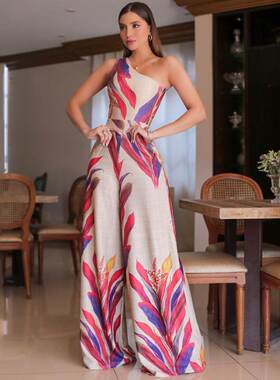 Slim fit one shoulder Jumpsuit 女时尚单肩印花无袖连体裤性感