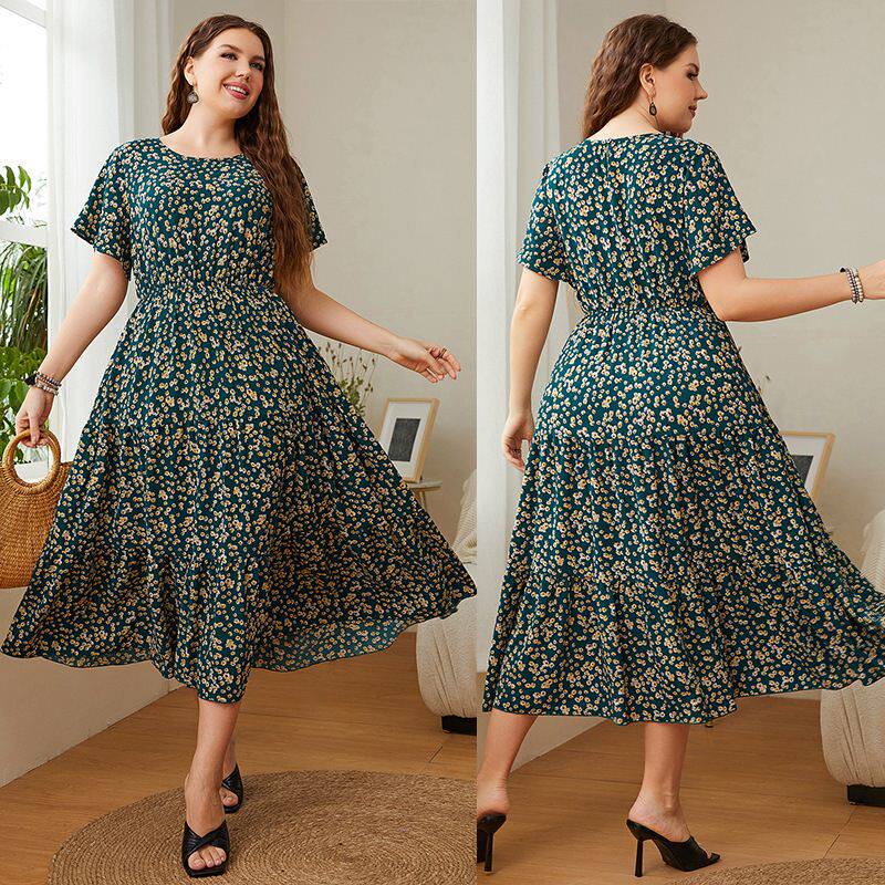 plus size women summer floral print dress 夏季大码女人碎花裙