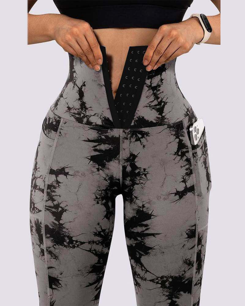 Women printed casual pants欧美灰色扎染印花束腰紧身运动打底裤