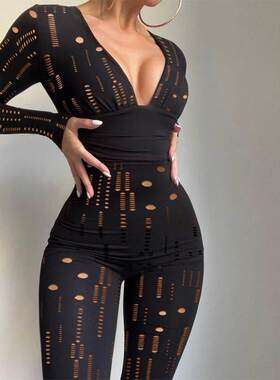 Black sexy Jumpsuit women 黑色时尚性感高腰连体衣裤女薄款长裤