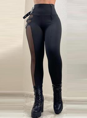 高腰黑色网纱修身长裤 Mesh Patch Buckled High Waist Pants