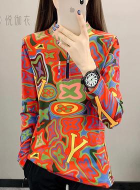 233101印花新款德绒双面磨毛打底衫长袖百搭秋冬上衣加绒立领时