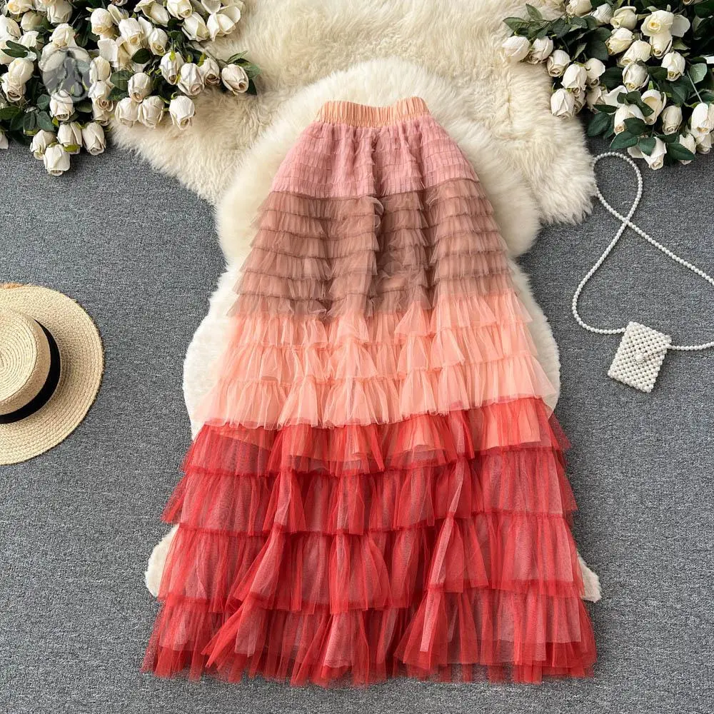 渐变色不规则网纱半身裙女中长款蛋糕裙蓬蓬高腰显瘦a字仙女纱裙