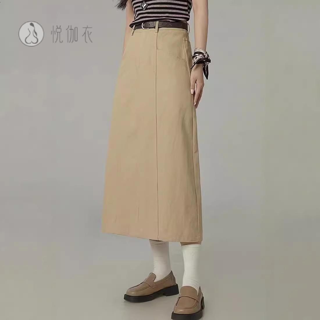 高腰卡其色双口袋通勤半身裙女