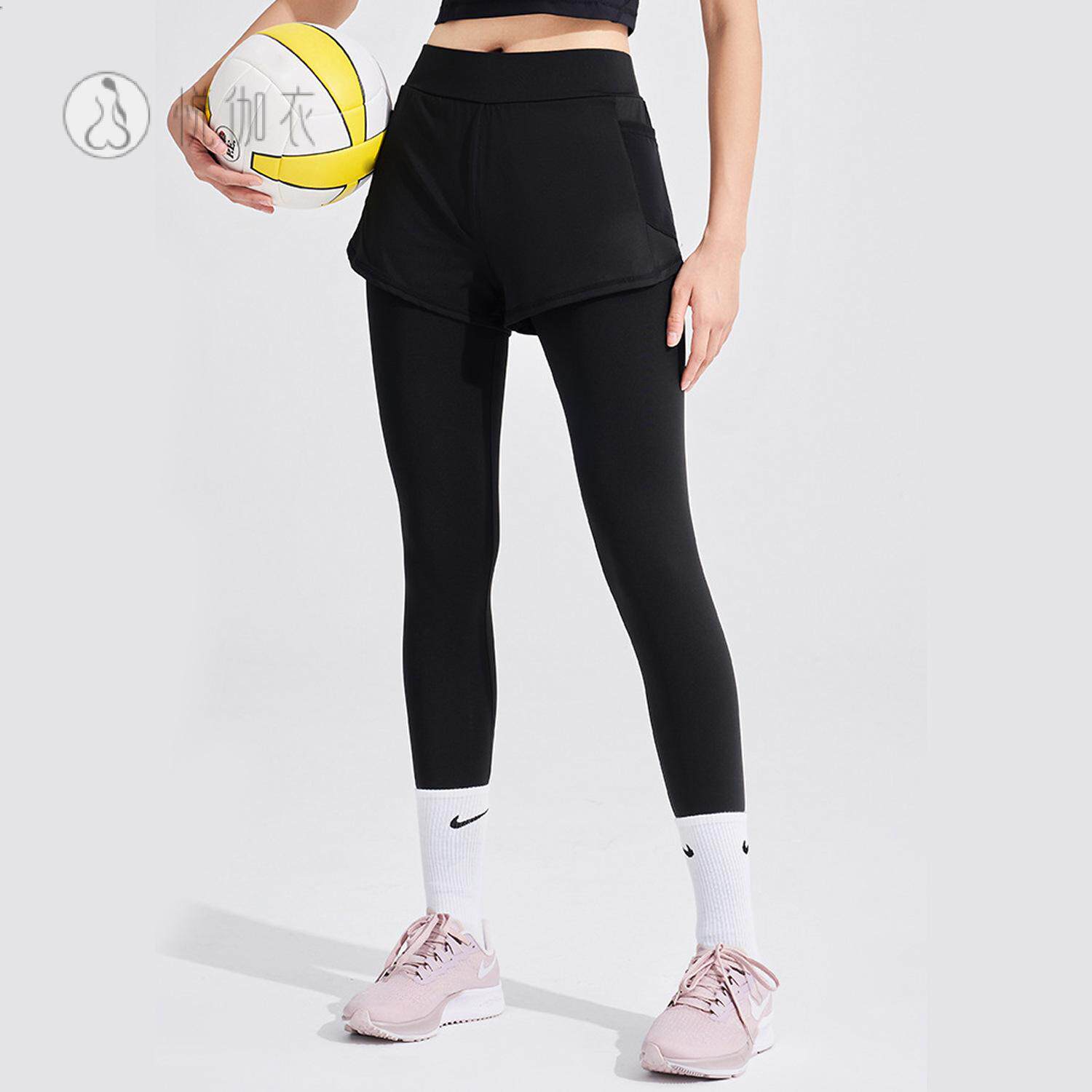 大码假两件瑜伽裤健身裤女显瘦长裤高腰紧身跑步服运动裤