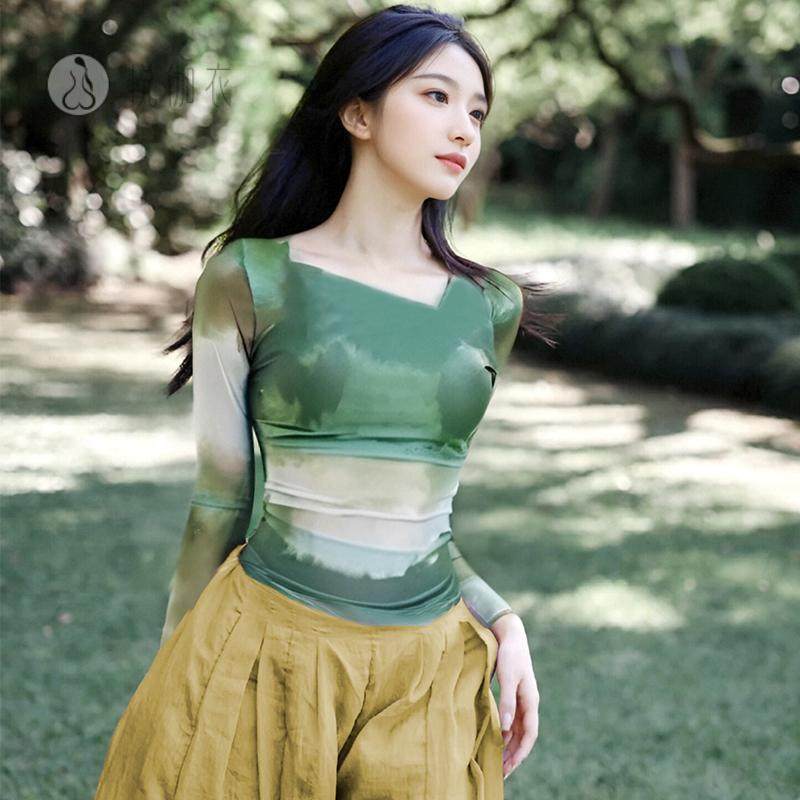 秋冬季瑜伽服新中式水墨印花网纱