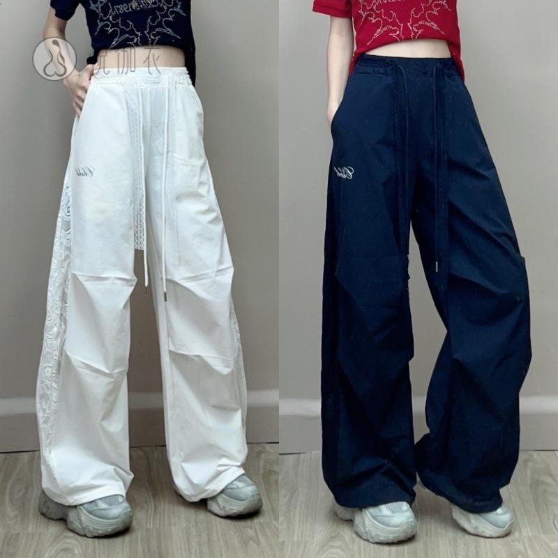 夏季新款侧边拼蕾丝宽松嘻哈抽绳