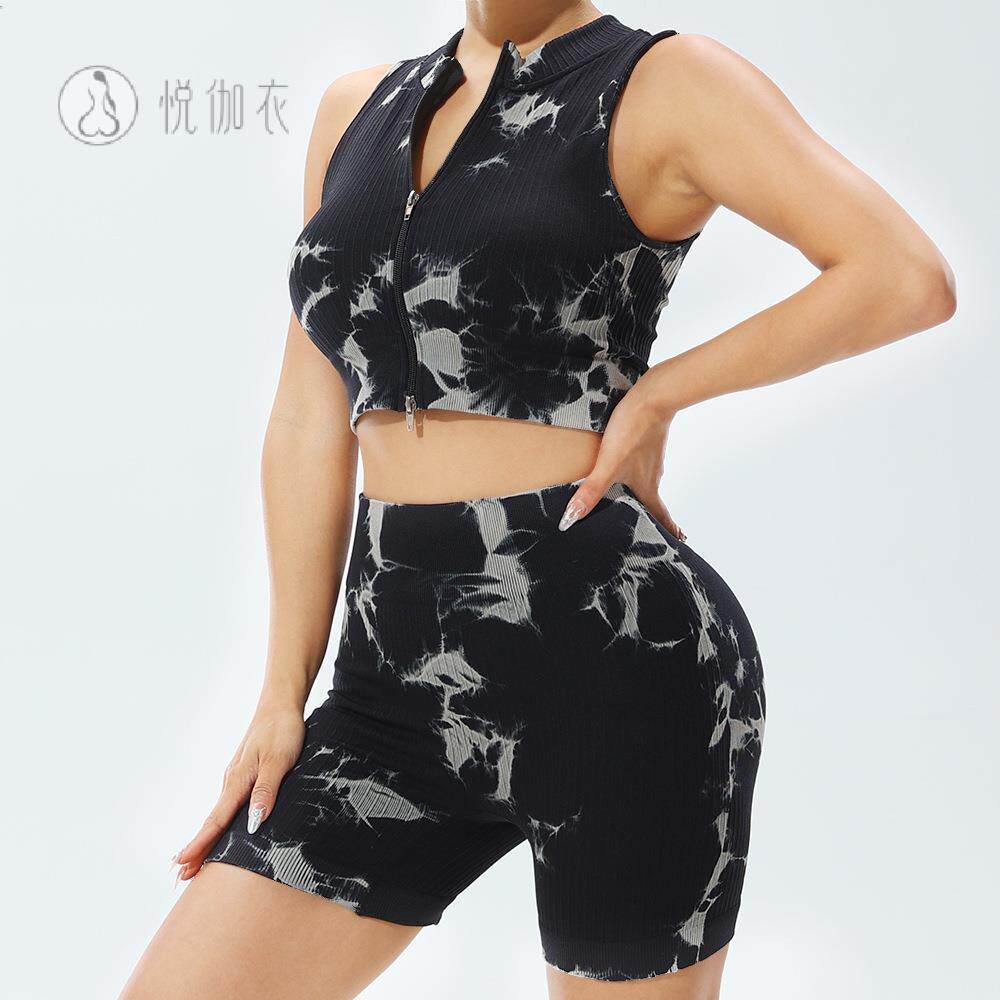时尚新款扎染女瑜伽服运动显瘦透气速干跑步健身背心短裤套装