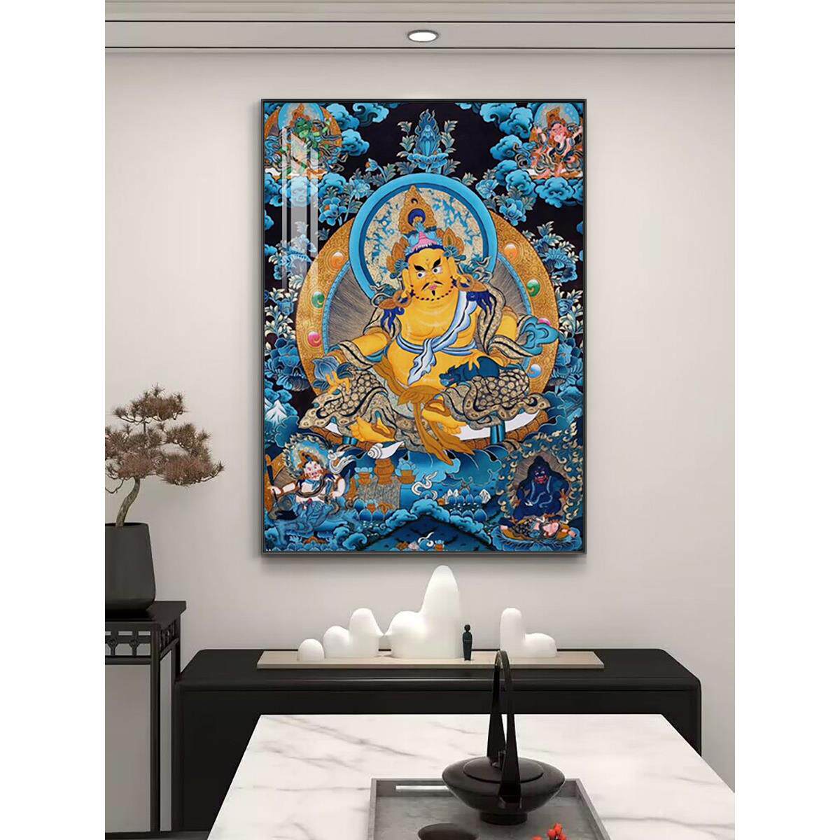 黄财神藏式佛像唐卡禅室茶楼玄关会所客厅壁画 画书房有框装饰挂