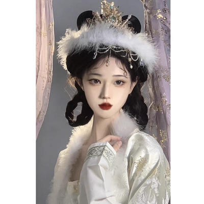 新款嫦娥发饰古装仙气毛绒头饰古风汉服白羽毛条毛球玉兔精配饰品