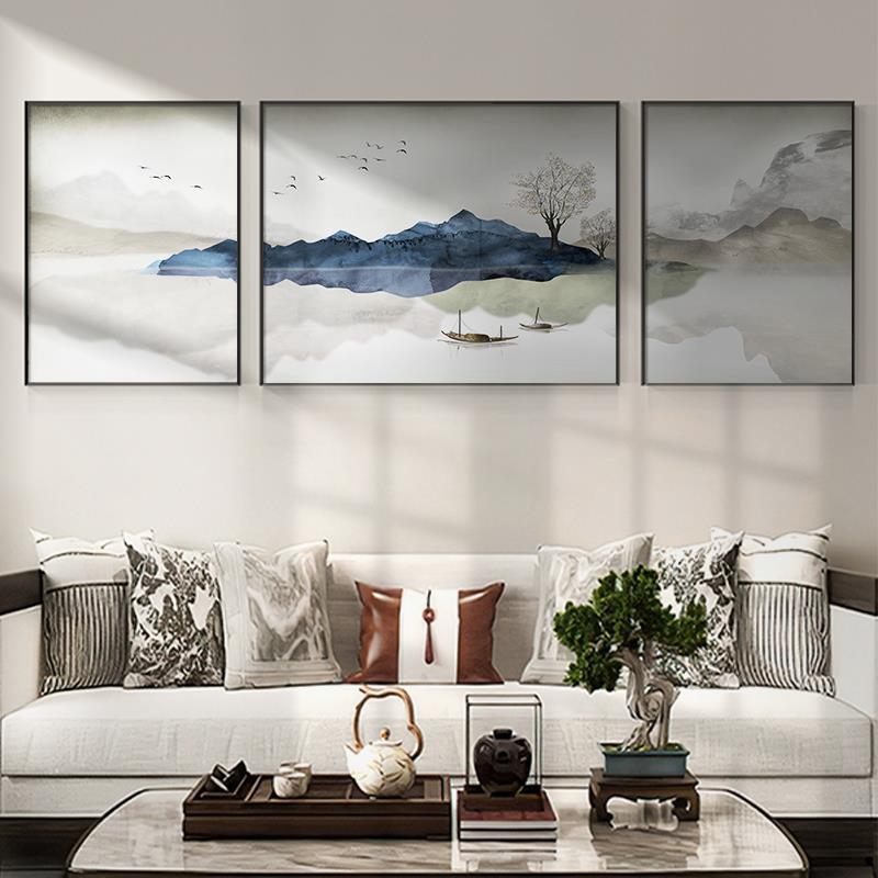 新中式客厅装饰画水墨禅意山水风景画沙发背景墙挂画家庭三联壁画图片