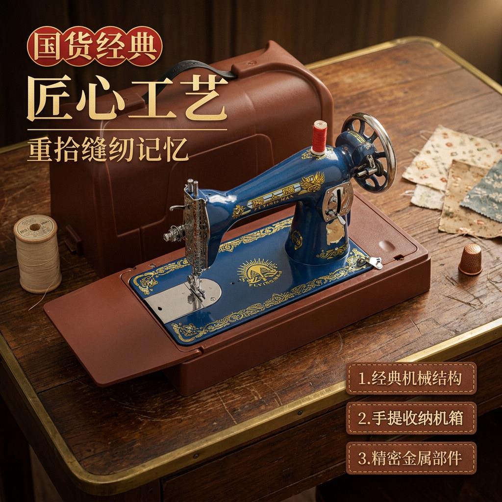 上海飞人牌缝纫机家用老式电动裁缝机头小型台式平车迷你脚踏衣车