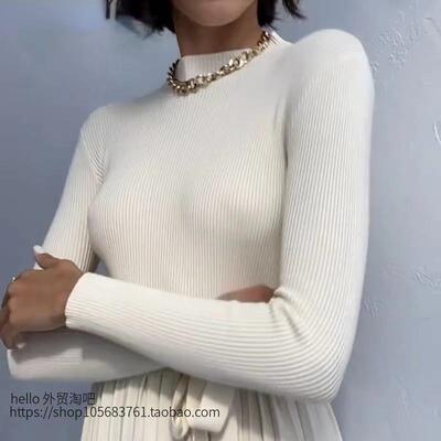 欧美半高领套头长袖纯色