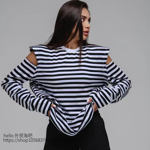 欧美风条纹长袖露肩时尚宽松T恤上衣Striped Long Sleeve T-shirt
