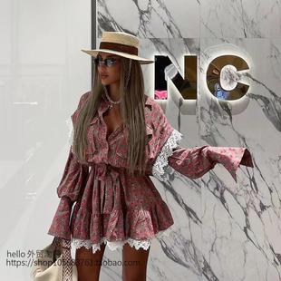 floral 欧美风翻领系带碎花拼接连衣裙Flip lace dress collar