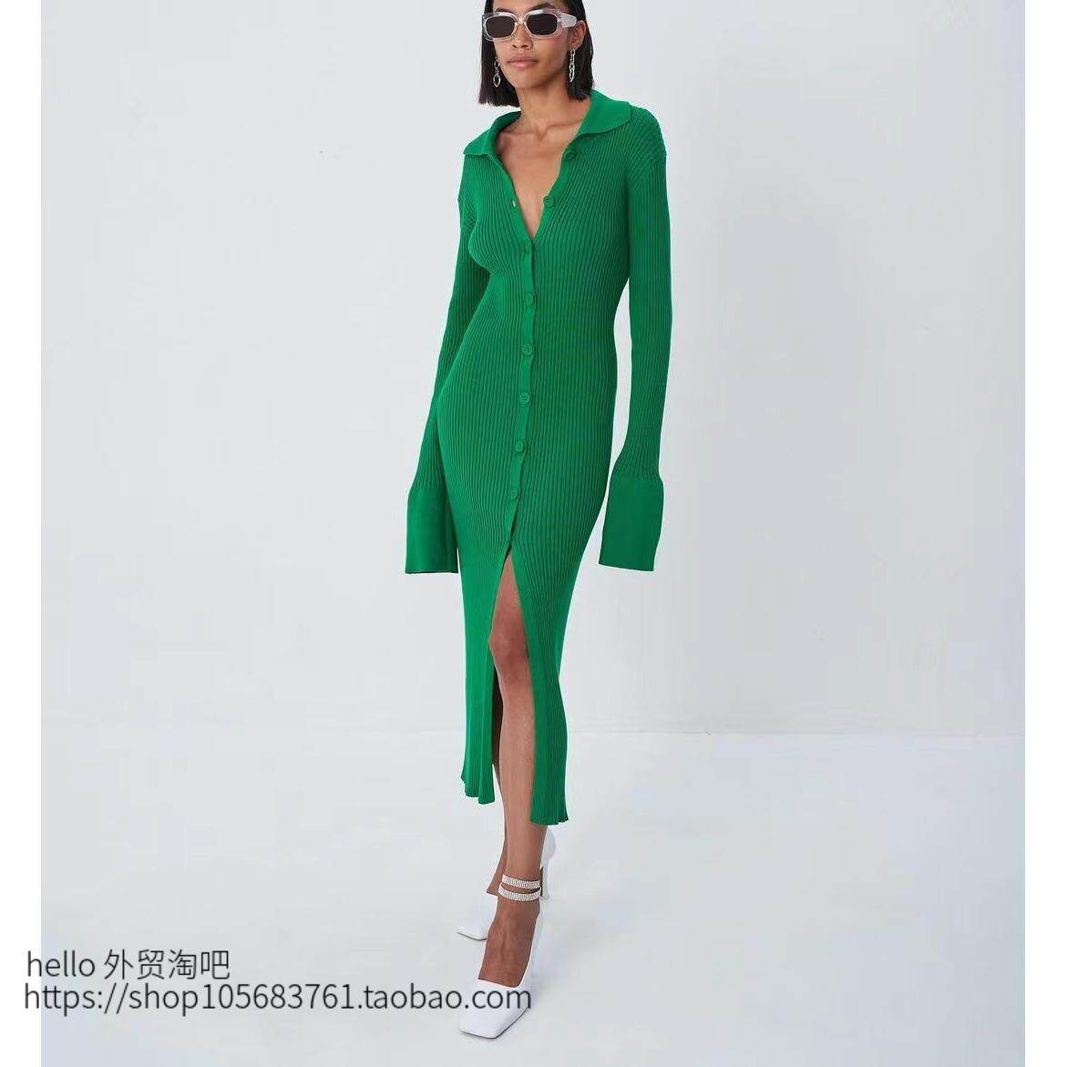 欧美风时尚纽扣喇叭袖针织连衣裙 single-breasted knitted dress
