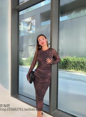 欧美风新款圆领印花豹纹收腰连衣裙 Printed leopard print dress