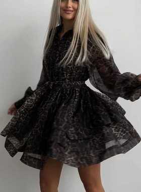 欧美风新款雪纺豹纹印花长袖连衣裙 Printed leopard print dress