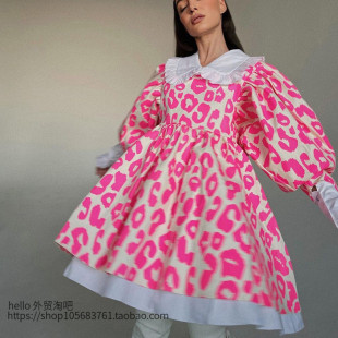 欧美风长袖高腰印花连衣裙娃娃领蓬蓬裙 Print Doll Collar Dress