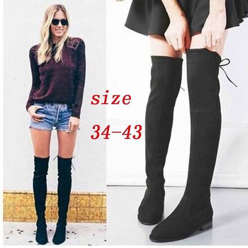 Winter Women Long Flat Boots Ladies Shoes Plus Size 34-43
