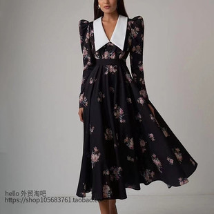 printed 欧美新款 collar Flip dress 印花大摆连衣裙气质收腰长裙