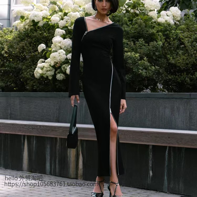 欧美斜肩设计感拉链开叉连衣裙Diagonal shoulder zippered dress