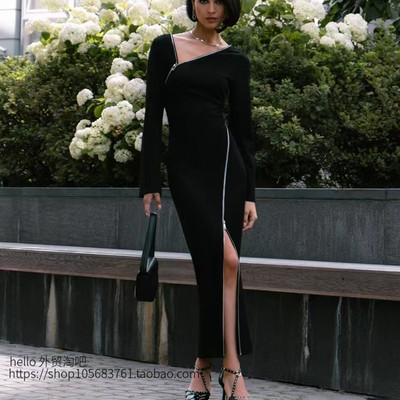 欧美斜肩设计感拉链开叉