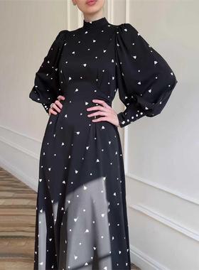 欧美新款黑色宽松系带长裙碎花缎面连衣裙 Lace up printed dress