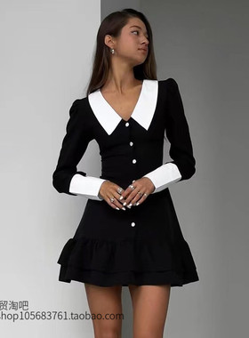 新款法式小黑裙拼色翻领包臀连衣裙 Color blocking lapel dress