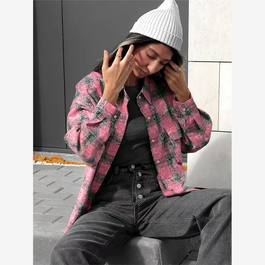 欧美水洗格纹宽松翻领粉