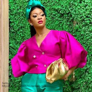 衬衫 上衣V neck 欧美V领灯笼袖 sleeve 短款 lantern shirt 钮扣开衫