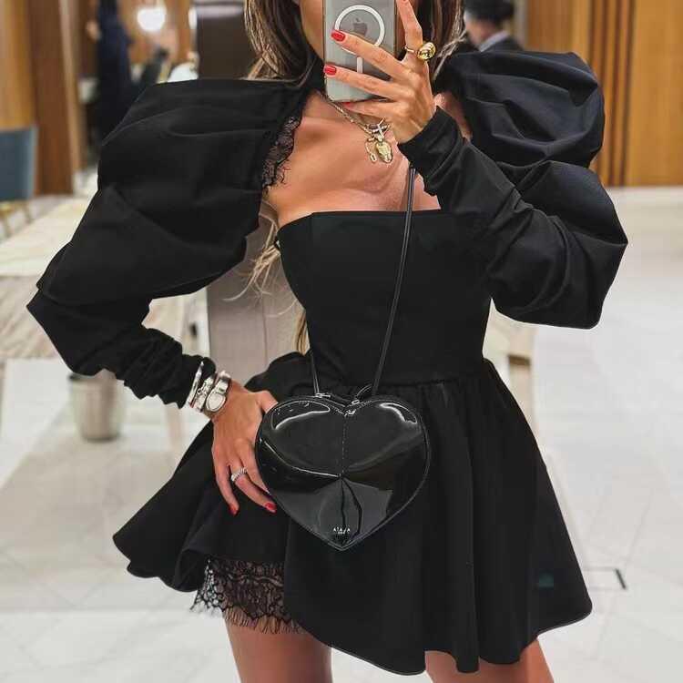 欧美风抹胸连衣裙气质性感露背长袖黑色A字裙Sexy backless dress