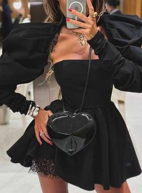 欧美风抹胸连衣裙气质性感露背长袖黑色A字裙Sexy backless dress