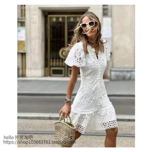 欧美夏装新款蕾丝包臀短袖连衣裙Hollow out short sleeved dress