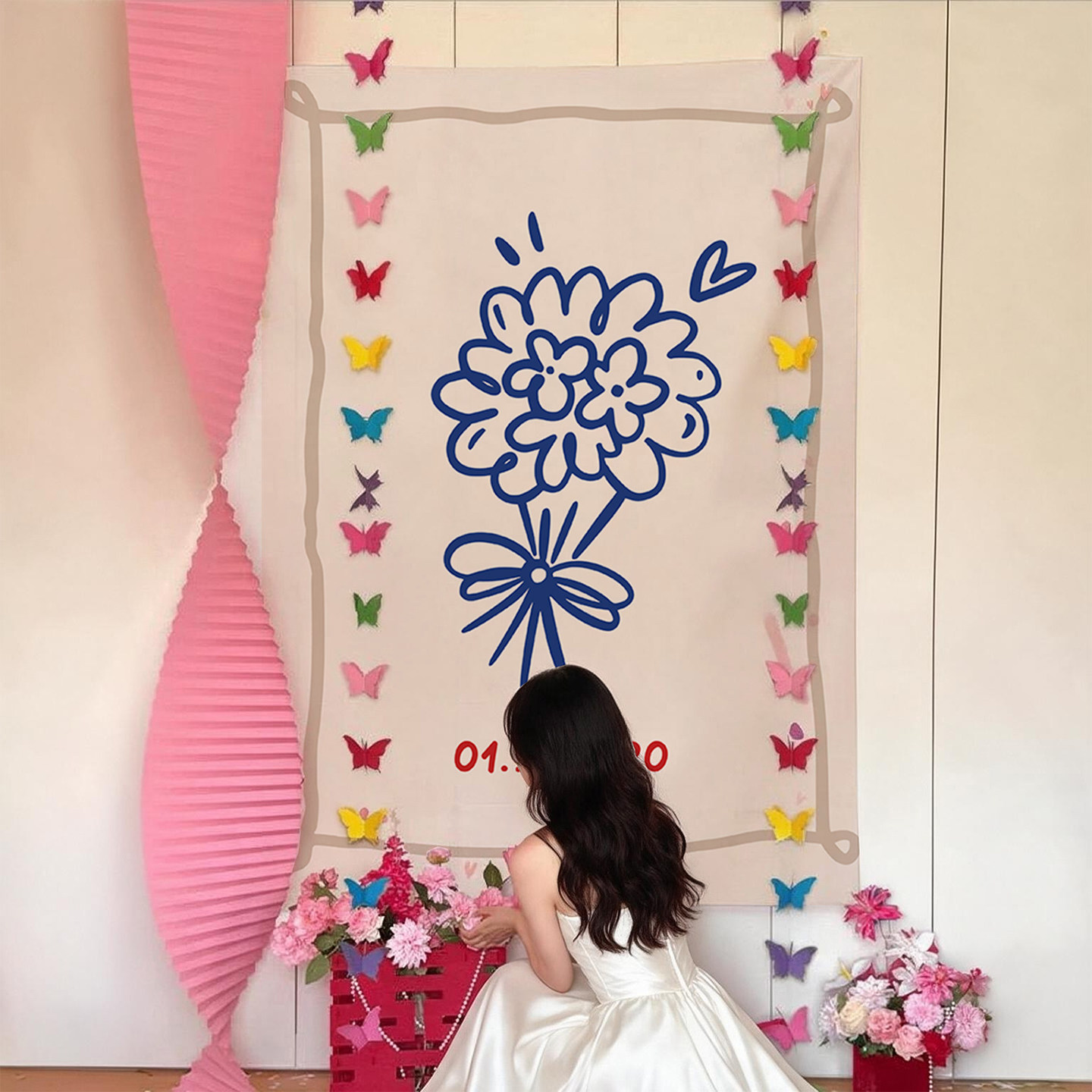 结婚挂布婚礼背景布订婚拍照装饰布手绘简约婚房布置氛围感挂毯