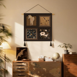 复古中古挂画客厅沙发背景画卧室床头奶油色布艺挂帘电表箱遮挡