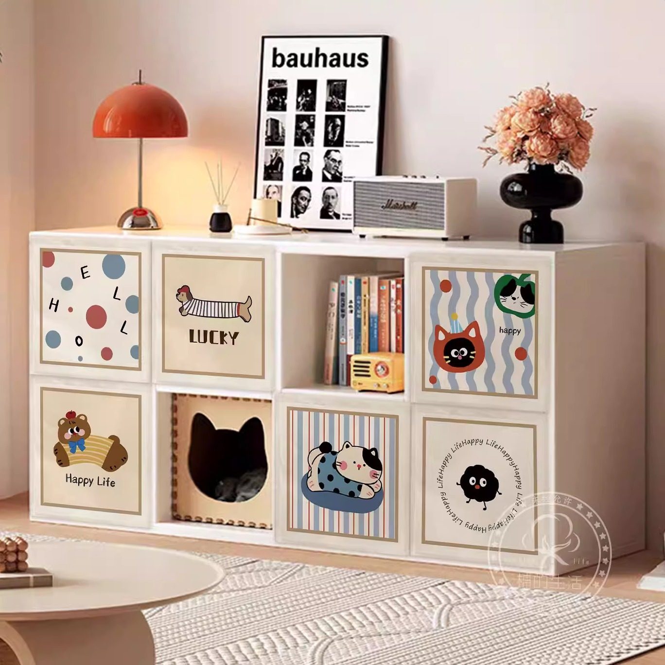 卡通柜子遮挡帘免打孔小学生教室班级储物柜格子柜帘免打孔魔术贴