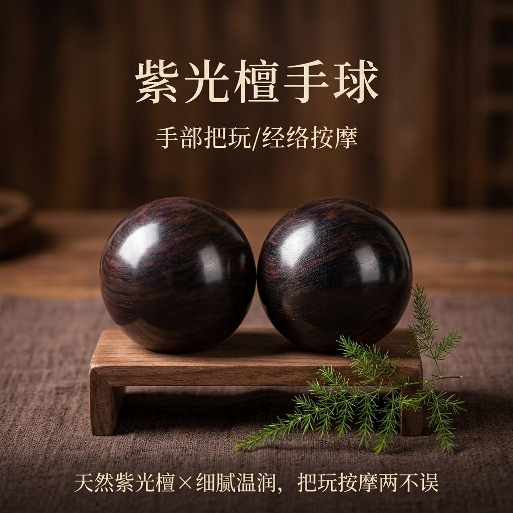 紫光檀手球实木健身球文玩把件经络按摩保健球绿檀手球养生手把件