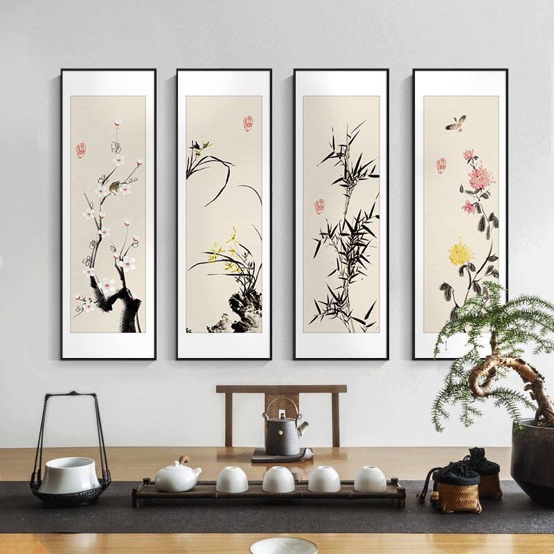 梅兰竹菊客厅挂画新中式茶室沙发背景墙装饰画玄关壁画禅意组合画