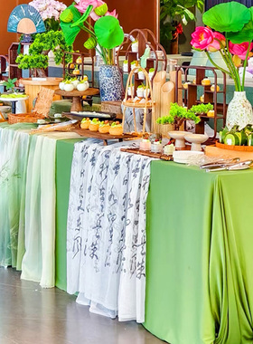 新中式森系甜品台桌旗布沙龙生日国风茶歇摆台高级感背景布置装饰