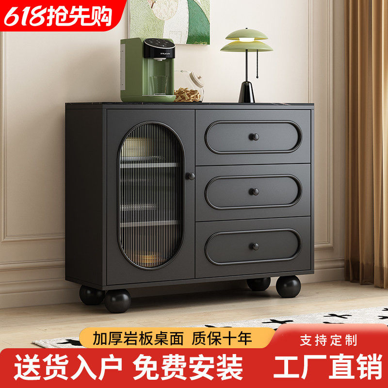 餐柜家用厨房整体橱柜客厅黑色置物柜现代简约边柜靠墙一体茶水柜