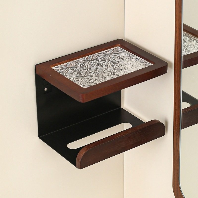 免打孔卫生间纸巾盒置物架浴室洗手间厕所放抽纸胡桃木黑色置物架