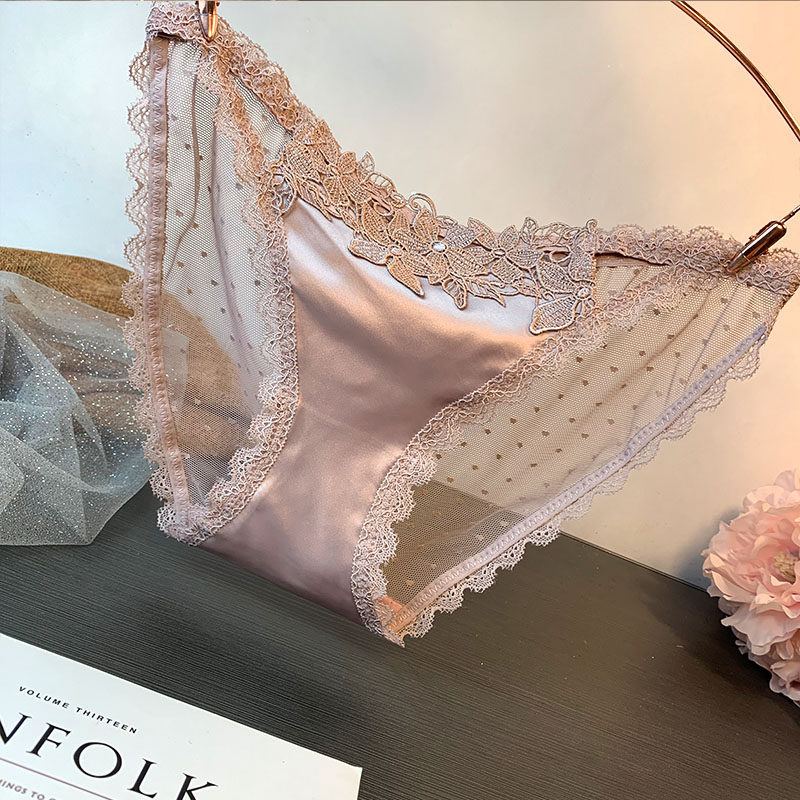 绸缎绑带镂空绣花丝滑柔软网纱透明时尚蕾丝内裤女性感三角裤低腰