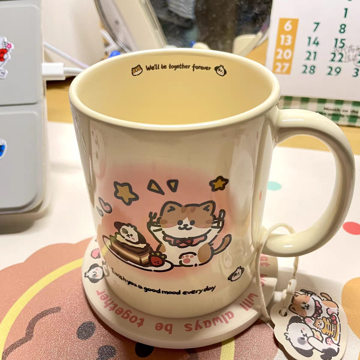 渐变橘猫小狗超萌陶瓷水杯杯子ins风高颜值带盖生日礼物送女生